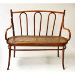 HALL BENCH, late 19th/early 20th century English with cane seat and bentwood fruitwood frame,