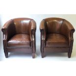 TUB ARMCHAIRS, Timothy Oulton style studded and hand finished tan leather, 75cm W.