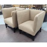 ARMCHAIRS, a pair, in hessian upholstery on ebonised bases, each 67cm D x 86cm H x 74cm W.