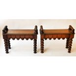 HALL BENCHES, a pair, Victorian oak each with shaped frieze and raised turned bolster arms,