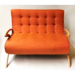 SOFA, 1960's style, three seater, deep buttoned back in orange and grey, with polished arms,