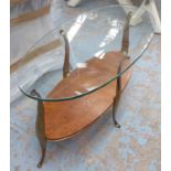 LOW TABLE, mid century Italian, gilt bronze legs with a burr wood veneer under tier,