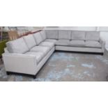 KRAFT UPHOLSTERY CORNER SOFA, grey velvet with patterned detailed surround, 300cm x 300cm x 90cm.