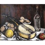 FOLLOWER OF CEZANNE 20TH CENTURY CONTINENTAL SCHOOL, 'Still life with banjo, fruit and bottle',