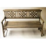 TRELLIS GARDEN BENCH, weathered teak and slatted construction with trellis back, 137cm W.