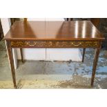 CENTRE WRITING TABLE, late 19th century mahogany and swag marquetry with two drawers,