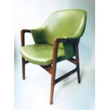 ARMCHAIR, mid 20th century Scandinavian teak with green vinyl in the manner of Finn Juhl, 67cm W.