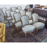 DINING CHAIRS, a set of twelve, French beechwood, with carved showframes and cabriole supports,