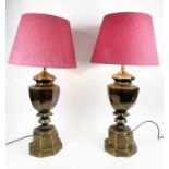 TABLE LAMPS, a pair, 1970's French faceted urn design on stepped bases with silk Pooky shades,
