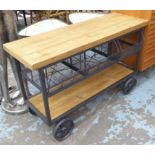 KITCHEN WORK ISLAND, Industrial style, with three produce baskets, on wheels, 120cm x 46cm x 76cm.