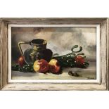 PIERRE BONNEL (French 20th century), 'Still life with apples', oil on board, 36cm x 56cm, signed,