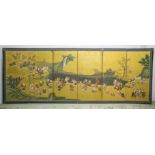 CHINESE SCREENS, a pair, each with six panels depicting traditional Chinese scenes,