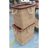 LOG BASKETS, a set of two, wicker with padded top rim detail and rope handles,