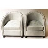 TUB ARMCHAIRS, a pair, newly upholstered in 'Fox Linton Novasuede' and chromium studded, 68cm W.