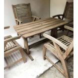 GARDEN TABLE AND CHAIRS, weathered teak and slatted, stamped Swan Hattersley,