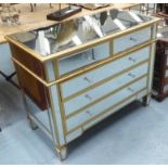 CHEST OF DRAWERS, Hollywood Regency inspired, mirrored with gilt detailing,