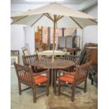 GARDEN TABLE, distressed brown painted, with octagonal drop leaf top, 74cm H x 120cm W,