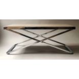LOW TABLE, Eicholtz style rectangular travertine marble and x form chrome support,