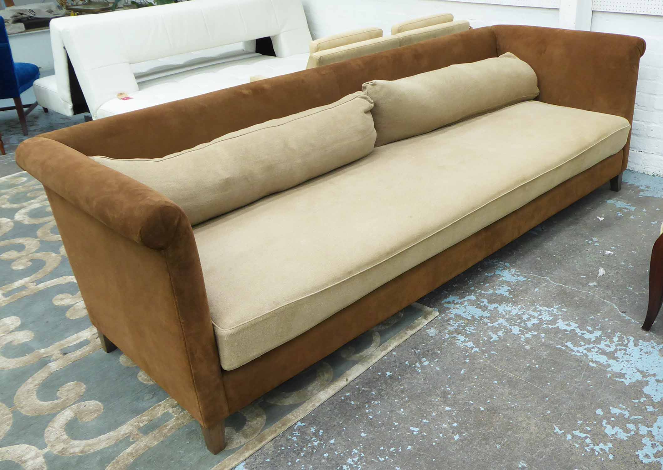 SOFA contemporary Continental style, brown suede and fabric upholstery,