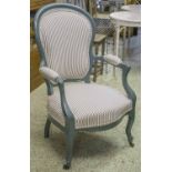 FAUTEUIL, Napoleon III style, grey painted, in ticking material, 62cm W.