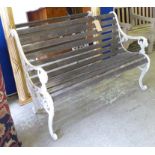 GARDEN BENCH, Victorian style, decorative cream painted metal ends and elegantly weathered slats,