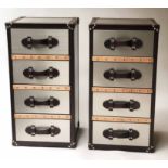 BEDSIDE CHESTS, a pair, Timothy Oulton style, aviator metal and leather bound,
