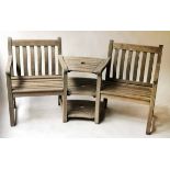 CONVERSATION GARDEN BENCH, silvery weathered teak and slatted,