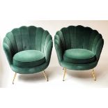 CLOUD ARMCHAIRS, a pair, 1950's style, jade green velvet upholstered, on splay metal supports,