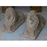 GARDEN LIONS, a near pair, elegantly weathered composite stone, 72cm W x 31cm D x 55cm H.