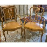 OPEN ARMCHAIRS, a pair, early 20th century Italian beechwood, with curved decorative backs,