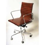 REVOLVING DESK CHAIR, Charles & Ray Eames inspired, with ribbed, hand dyed leaf brown leather,