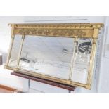 OVERMANTLE MIRROR, 19th century, giltwood frame with a scrolled frieze and triple bevelled plate,