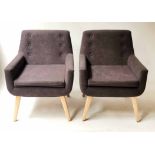 ARMCHAIRS, a pair, contemporary grey upholstered, with splay supports, 58cm W.