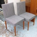 DINING CHAIRS, a set of four, in a grey patterned fabric, 97cm H x 44cm W.