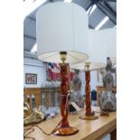 TABLE LAMPS, a pair, amber glass, with shades, overall including shades 77cm H (with faults,