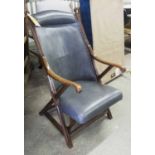 CAMPAIGN CHAIR, Edwardian walnut, in teal leather, 57cm x 94cm H.