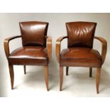 BRIDGE ARMCHAIRS, a pair, 1930's, newly upholstered in hand dyed, mid brown leather,