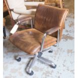 DESK CHAIR, swivel, Eames style, in distressed brown leather, 62cm W.