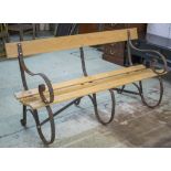 GARDEN BENCH, antique wrought iron and new oak, 155cm W.