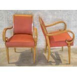 BRIDGE CHAIRS, a pair, circa 1940, beechwood, with red fabric (slight faults).