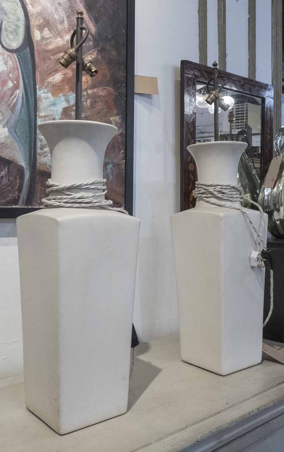 TABLE LAMPS, a pair, cream, of outsize proportions, each base 68cm H.