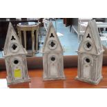 BIRD HOUSES, a set of three, French style, Gothic inspired design, wooden construction,