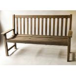 LISTER GARDEN BENCH, silvery weathered teak of slatted construction by 'Lister' 158cm W.