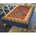 FOOTSTOOL, upholstered in kelim and blue velvet, 70cm x 115cm x 34cm H.