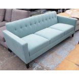 SOFA, three seater, turquoise upholstered, buttoned back, 185cm x 82cm x 75cm.