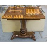 GAMES TABLE, 19th century style, walnut, with foldover top inlaid for chess and backgammon,