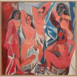 PABLO PICASSO 'Les Demoiselles d'Avignon, on silk, 100cm x 102cm, framed.