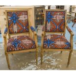 FAUTEUILS BY OKA, a pair, Louis XVI design, oak, in African batik style fabric, 58cm W.