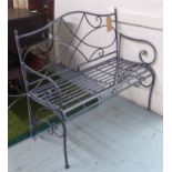 GARDEN BENCH, French Provincial style, worked metal construction, 105cm W.