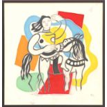 FERNAND LEGER, Femme Avec Cheval, on silk, initials in plate, 82cm x 78cm, framed.